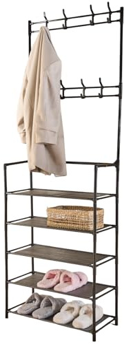 OHS Shoe Rack with Coat Hanger Hooks, Hallway Free Standing Coat Stand Sturdy Metal Framing Easy to Use Hooks Shoe and Coat Rack for Hallway Home Decorative - 169 x 64 x 26cm