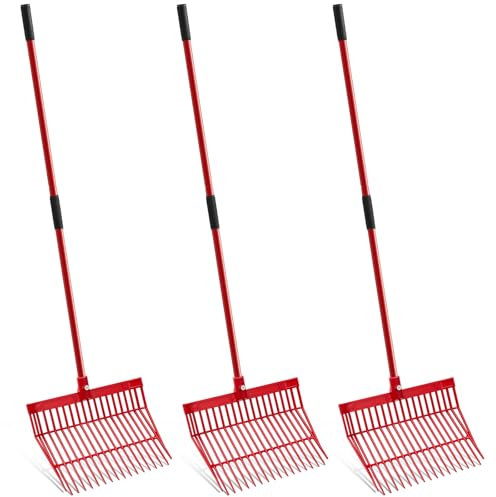 Lasnten Lot de 3 fourches à fumier avec longue poignée en métal - Râteau à fumier robuste pour jardinage, étal de cheval, fumier, herbe, foin, travaux agricoles (rouge)