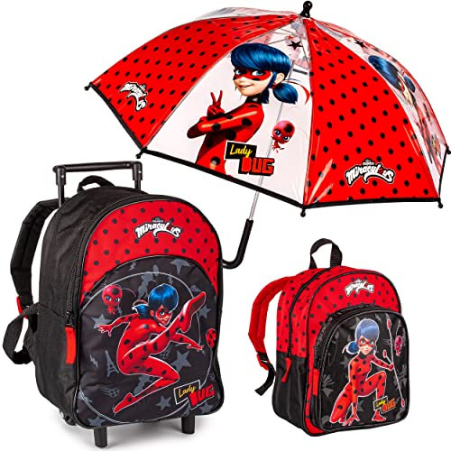 alles-meine.de GmbH 3 TLG. Set Kinder Trolley + Rucksack + Regenschirm Miracul. - Ladybug und Cat Noir wasserabweisend & beschichtet - für Mädchen & Jungen - Trolly mit Rol..