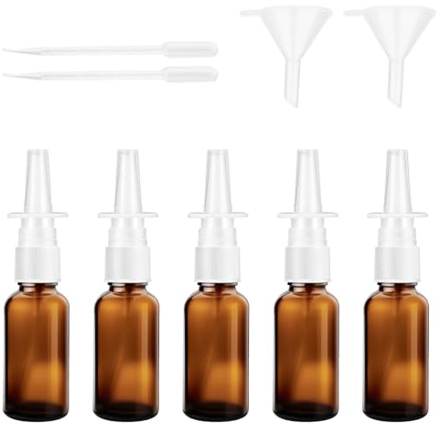 5 botellas vacías de aerosol nasal de 30 ml de cristal para rellenar, reutilizables, pulverizador nasal con embudo, pipetas para solución salina, perfume, aceite esencial