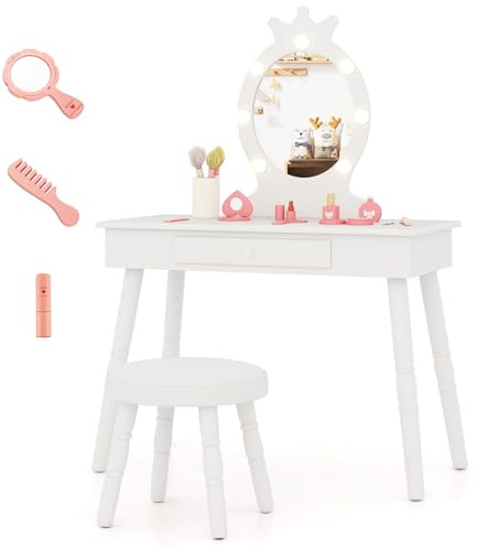 DREAMADE Schminktisch Kinder mit Hocker & einstellbare Beleuchtung & 3 TLG. Zubehör, Prinzessin Frisiertisch Frisierkommode, Kinderschminktisch mit Kiefernholz-Beine für Kinder Mädchen (Weiß)