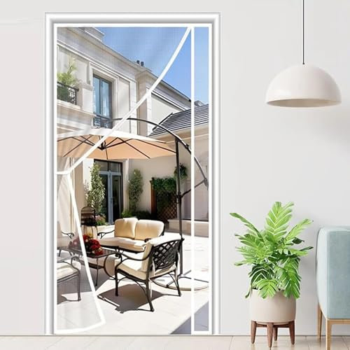 Magnet Fliegengitter Balkontür Weiß 75x200cm Insektenschutz Vorhang Fenster Terrassentür,Magnetische Adsorption Faltbar für Türen/Fenster