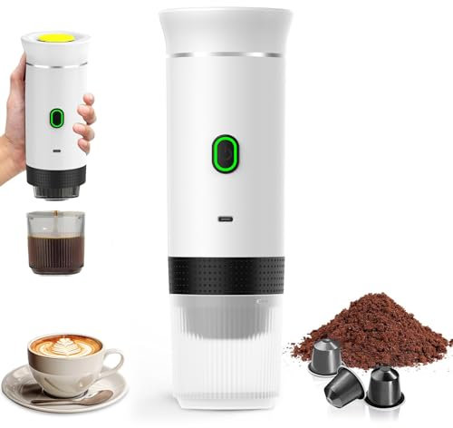 PZCC Cafetera de café portátil, 3 en 1 cafetera de café expreso eléctrica, 12 V café expreso recargable, para oficina, viaje, casa, compatible con cápsulas espresso y café molido (blanco)