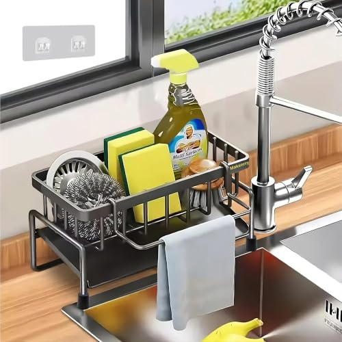 Makenrry Organizador de Fregadero Cocina, Soporte para Estropajo y Esponja con Bandeja de Drenaje, Para Almacenaje de Cocina y Baño, Con Ventosas (Gris)