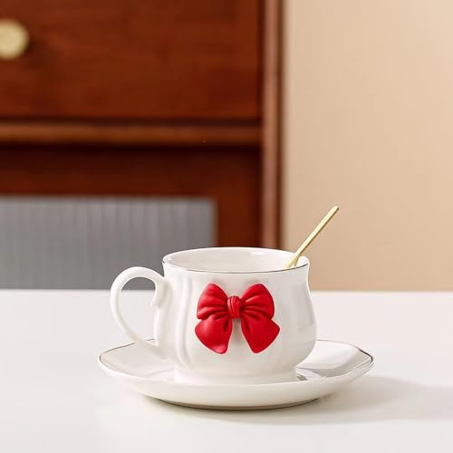 MAGICVOGEL süße Cappuccinotasse mit Untertasse und Löffel Kaffeetasse mit 3D Schleife 200ml Espressotasse Porzellanbecher Teetasse für Mädchen Frau Mama Freundin (Rot)