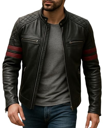 TRESSANO Herr svart retro biker läderjacka med röda ränder – quiltade axel- och ärmpaneler – blixtlåsstängning, Svart, L