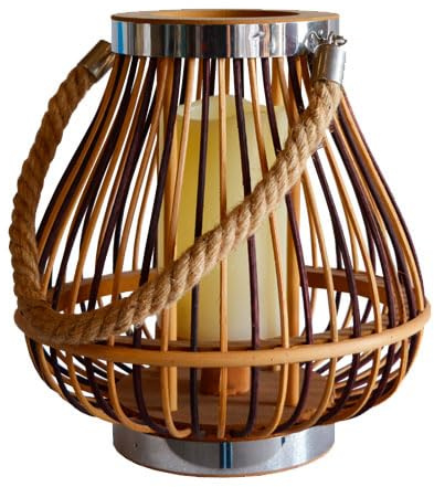 EME Farolillo Decorativo de Bambú con Medidas 23x23x23cm. Ideal para Decorar en Exteriores e Interiores. Farol con asa de varas de Madera y Cristal. De Estilo Boho con Vela Central.