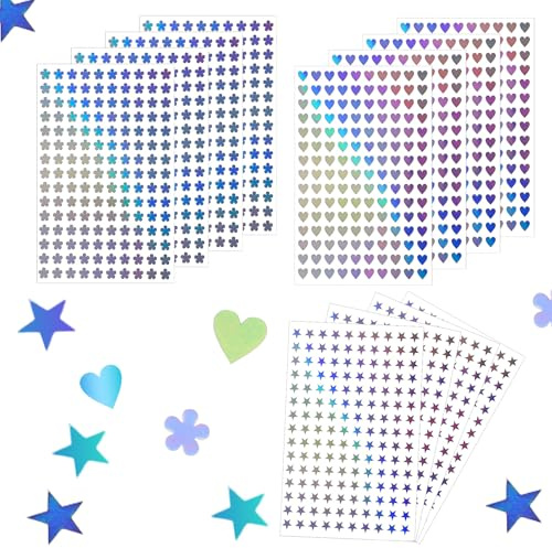 1800 Stück Mini Hologramm Aufkleber Blatt Sticker Sterne Herze Stern Punkt Selbstklebende Mini Glitzer Sticker Klein Hologramm Stickers Scrapbooking als Belohnung für Klassenzimmer(Herze+Stern+Blumen)