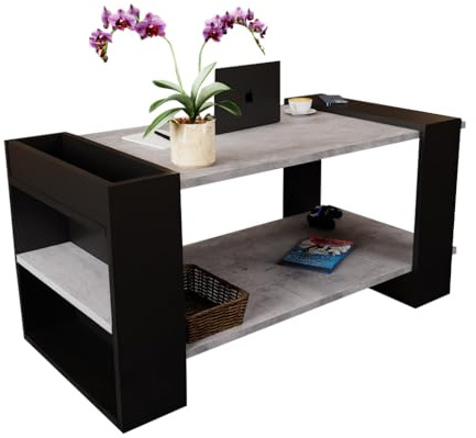 Meble Pitus Couchtisch ST16 moderner Wohnzimmertisch Beton Schwarz Beistelltisch Couch mit Stauraum und Ablage Couchtisch Betonoptik mit Fach, robuster Sofa Tisch mit Regal modernes Design 105x54x50cm