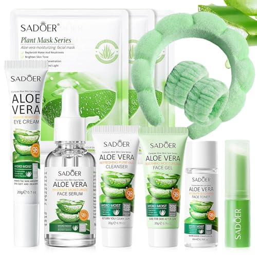 Set de Cuidado Facial Aloe Vera 11 Piezas, Aloe Vera Skincare Kit con Limpiador, Crema aloe vera, Kit Viaje Cuidado Facial Mujer, Hidratación, para Adolescentes y Mujeres