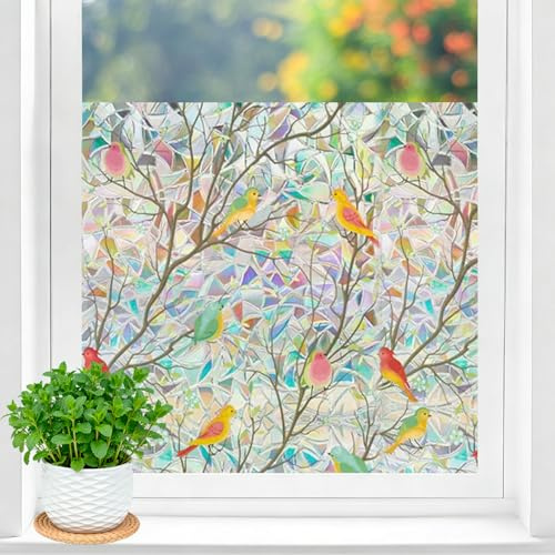 Shackcom Fensterfolie Sichtschutz Bunt 3D Regenbogen mit Vögeln, Selbsthaftend & Wiederverwendbar, UV-Schutz ohne Klebstoff, für Büro Wohnzimmer, 60x200 cm