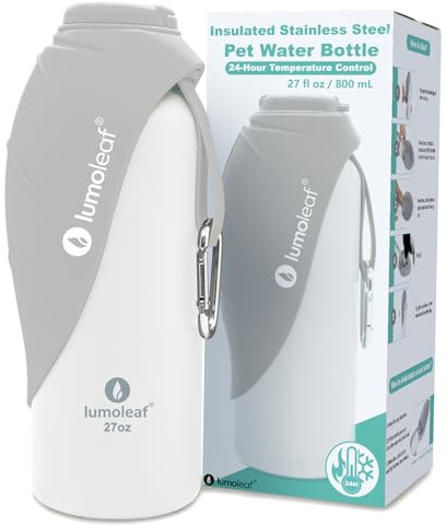 LumoLeaf Gourde Isotherme pour Chien 800 ML en Acier Inoxydable – Garde l’Eau Fraîche ou Tiède, Gamelle de Voyage Intégrée, Étanche, Ouverture pour Ajouter Glaçons Nettoyer Facilement (Gris, 800 ML)
