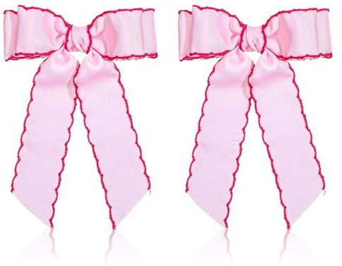 2-Piece Pink Hair Bows with Magenta Piping, Ribbed Ribbon, Long Tails | Matching bow set for women and girls, for ponytails, half-up styles, braids, buns, school, parties and daily wear