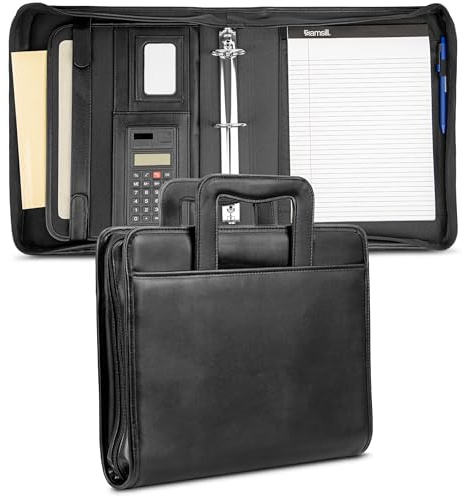 Samsill Professional Padfolio/Portfolio with Zippered Closure Case, 2 Inch Removable Round Ring Binder, Retractable Handles, Interior 10.1” Tablet Sleeve, Black