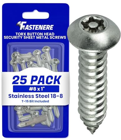 Fastenere Torx Security Sheet Metal Screws - #8 x 1 (25-Pack) Button Head, Tamper-Resistant, Anti Theft Stainless Steel Screws for Higher Level of Safety & Secure Fastening Solution