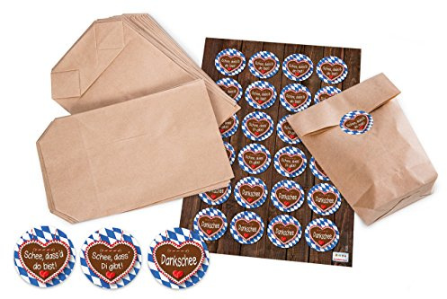 Lot de 24 petits sacs en papier kraft marron emballage avec fond 14 x 22 x 5,6 cm avec 24 autocollants SCHÖN DASS DU DA BIST DANKE Texte Mundart sur le cœur de pain d'épice sur la route bleu/blanche