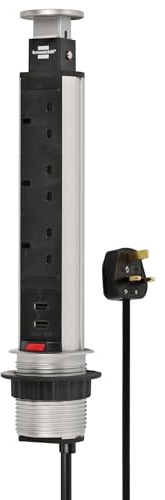 Brennenstuhl Tower Power, table power strip 3-way (retractable power strip, 2x USB, 2m cable, completely retractable into table top) silver/black
