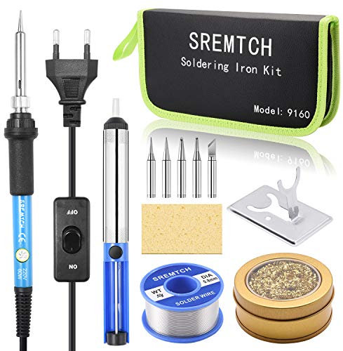 Lötkolben Set, SREMTCH 60W Lötkolben mit Ein/Aus-Schalter, einstellbare Temperatur 200~450 ℃, 5 Lötspitzen, Entlötpumpe, 50gLötzinn, Kupferdraht Reinigen, Ministänder, Schwamm, PU bag