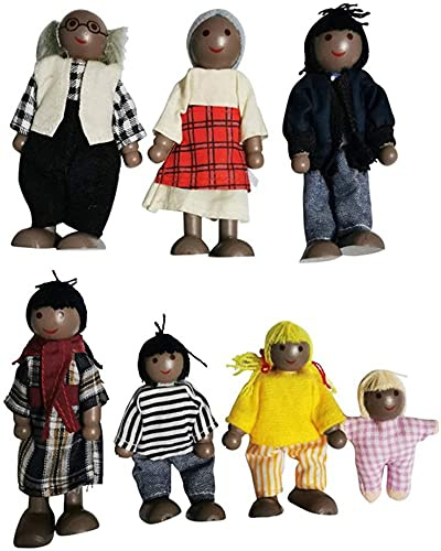 Set med 7 personer i trä för familjedockor, träfigurer, barn, pojkar, flickor, pojkar, leksaker, minifigurer, dockhusdockor, typ A