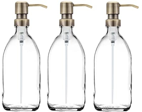 Clear Glass Bottles 500ml Soap Dispenser with Metal Pump (BPA-Free) Clear Flint Glass Empty Soap Dispensers – Reusable Refillable Eco friendly, Sustainable Living/Gift (Antique Brass Style, 3)