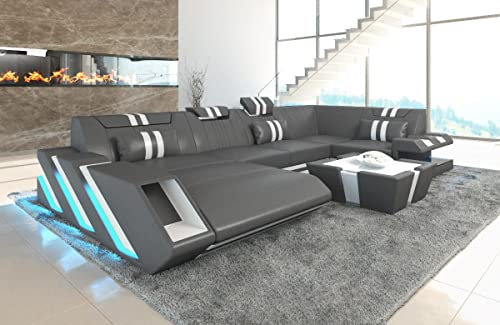 Sofa Apollonia U Form Wohnlandschaft Leder Couch mit LED Ledersofa mit Ottomane (Ottomane Links, Grau-Weiß)