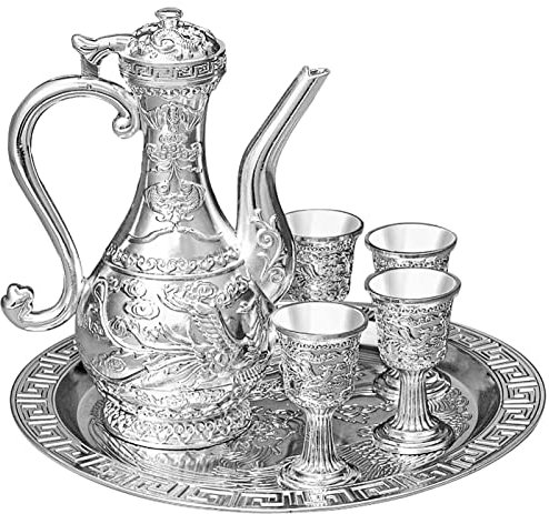 Vintage Turkish Coffee Pot and Cups Set,Teapot Tea Service Set Including 4 Metal Cups and Tea Tray for Tea Table Decor,Wedding Ornament (Silver)