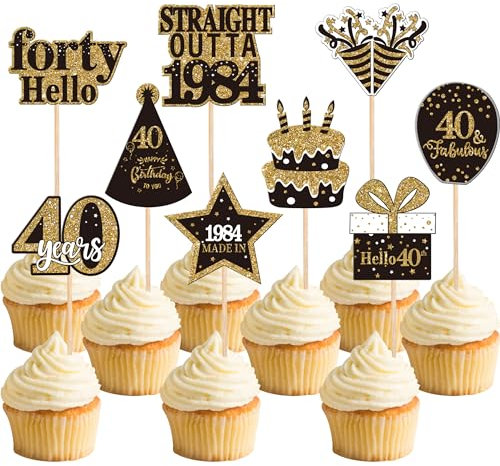 Xsstarmi 36 Pack 40th Birthday Cupcake Toppers Double Printed Forty Hello 40th Straight Outta 1986 Cupcake Picks for Cheers to 40 Years 40th Birthday Wedding Anniversary Party Decoration