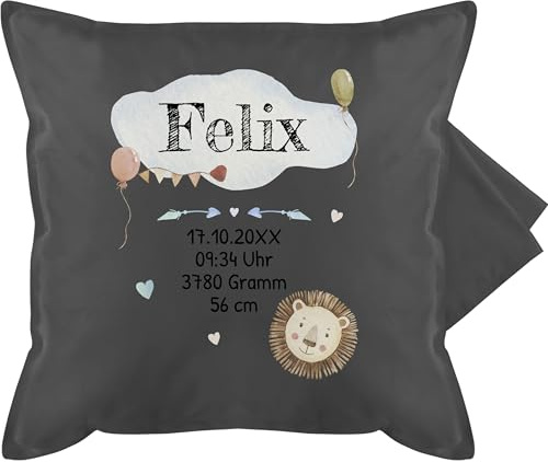 Kissenbezug - Geburtsgeschenk Baby Geschenk zur Geburt Junge Löwe - 50 x 50 cm - Grau - Kissen neugeborenen Geschenke Neugeborene neugeboren Name kissenhülle geburtskissen babykissen
