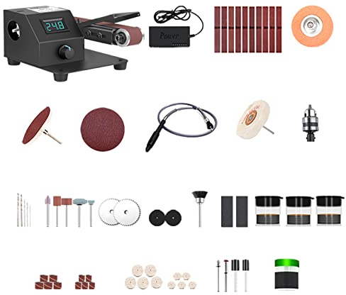 HUIOP Mini ponceuse à bande verticale et horizontale 350 W, ponceuse électrique, polisseuse, ponceuse, meuleuse, petite machine à bande de sable, régulation de vitesse continue avec 10 bandes de