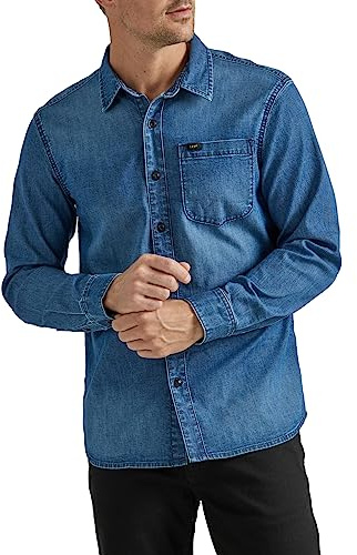 Lee Men's All Purpose Classic Fit Long Sleeve Shirt, Denim Medium Wash Indigo, X-Large