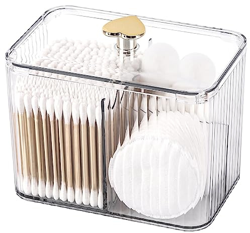 Tbestmax Qtip Holder Dispenser 3-Section Clear Bathroom Organizer Jar 3 Grids Cotton Swab/Pad/Ball Holder Container Cosmetics Storage for Vanity