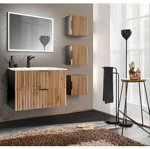 Lomadox Badmöbel Set 5-teilig Waschtisch Unterschrank 80 cm Keramik Waschbecken Spiegel Beleuchtung 3 Hängeschränke anthrazit Wotan Eiche Nb. Rillen Front MDF schwarz