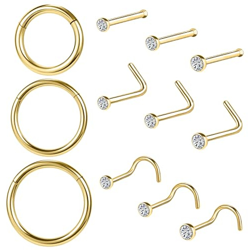 AccGin 10-12Pcs 18G 20G Nose Rings Studs Hinged Hoop Nose Ring for Women Men Corkscrew Bone L Shaped Nose Studs Hypoallergenic 316L Surgical Steel Nose Piercings Jewelry Small Silver Gold
