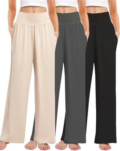 Kivdol Yogabyxor dam, 3-pack, avslappnade, vida och bekväma, med hög midja, mjuka loungebyxor med fickor , Large Plus
