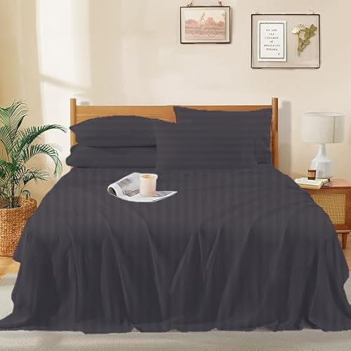 RECCI 4 Piece Sheet Set 100% Egyptian Cotton 1000 Thread Count Extra Super Soft Sateen Weave Bed Sheets 16 Inch Deep Pocket, King Size - Dark Grey Stripe