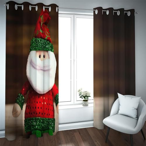 HOBBOY Braune Verdunkelungsvorhänge für Schlafzimmer Wohnzimmer Weihnachtsmann Druck Verdunkelung wärmeisolierte Vorhänge Rot & Grün & Weiß 2 Paneele 2xW132xL200cm