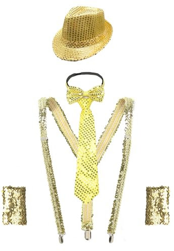 inhzoy Herren Karneval Disco Outfit Accessories 5 Stück Pailletten Hut Set mit Glitzer Krawatte Fliege Hosenträger Armbänder für Fasching Party Jazz Dance Hip Hop Gold Einheitsgröße