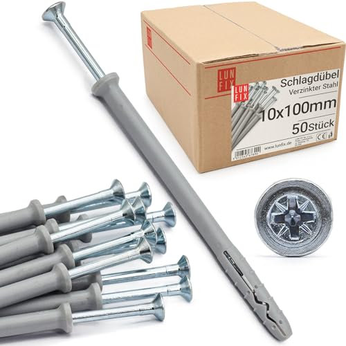Lun Fix Tasselli a percussione 10,0 x 100 mm, 50 pezzi, tasselli, viti per telaio, tasselli per montaggio rapido, tasselli, vite a percussione, testa svasata