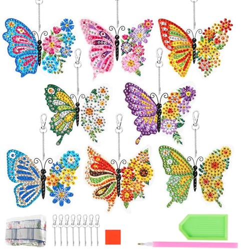 WEDNOK 8 Stück Schmetterling Diamant Malerei Bastelset Kinder Blumen Sonnenfänger Anhänger Kristall Suncatcher Deko zum Basteln für Fenster Muttertag Mutter Frühling Sommer