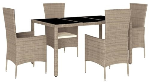 vidaXL Garten Essgruppe mit Kissen 5-TLG., Gartenmöbel Set Sitzgruppe, Essgarnitur Gartengarnitur, Terrasse Balkon Möbel Garnitur, Beige Poly Rattan