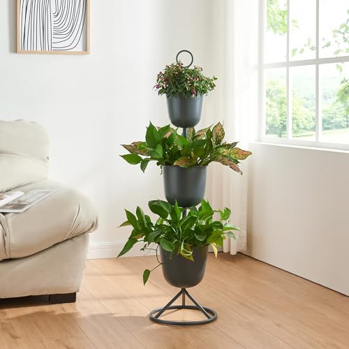 [en.casa] Stand Portapiante con 3 Vasi Piedistallo per Piante Supporto Espositore Piante Fiori Portapiante in Metallo - Nero