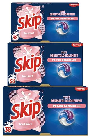 Skip Lessive liquide en capsules Sensitive 3 en 1-114 lavages - bébé & peaux sensibles - testée dermatologiquement - sans emballage plastique(lot de 3x38)
