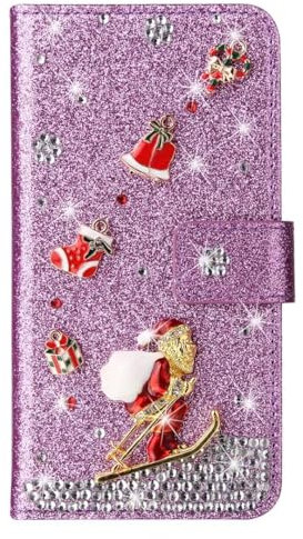 Samsung Galaxy A55 Hülle Case für Samsung Galaxy A55 Weihnachten Handyhülle Glitzer Strass Liebe Leder Tasche Cover Schutzhülle Ständer Schale Bumper Magnetverschluss Ledertasche Handtasche lila