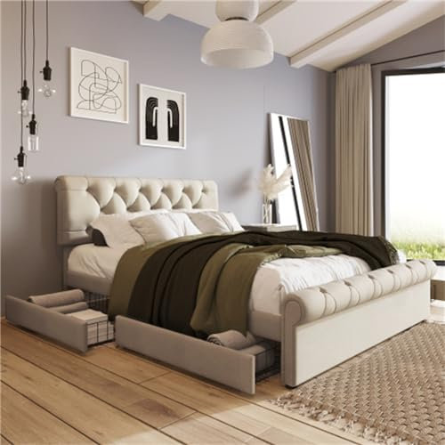 Gepolstertes Einzelbett Mit Höhenverstellbarem Kopfteil Und Sockel, Modernes Design, 2 Schubladen, Geeignet Für Schlafzimmer Für Erwachsene Und Jugendliche(Size:140x200cm+Without Mattress)