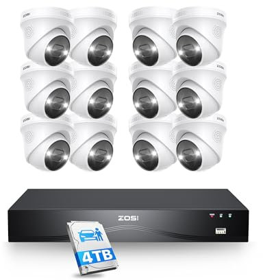 ZOSI 4K Kit Cámaras de Vigilancia PoE Exterior, 12x 8MP CCTV Cámara Seguridad con 16CH NVR(Ampliable a 32CH) y 4TB HDD, Detección de Persona/Vehículo, Visión Nocturna Color, Audio Bidireccional