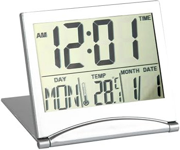 Digital Travel Alarm Clocks with LCD Display Foldable Desk Top Clock with Day Date Temperature Battery Powered Mini Portable Small Bedside Back to School Gifts for Teachers Travel Home Office Silver