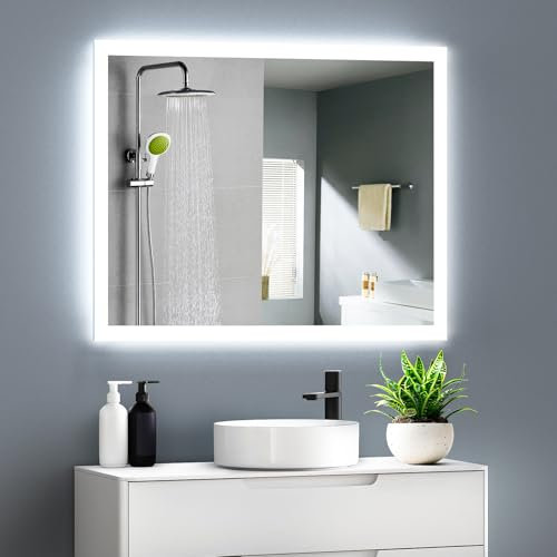 GIMBELEN Badezimmerspiegel mit Beleuchtung, 80 x 60 cm Bad Spiegel mit Licht und Tastenschalter, LED Spiegel Bad mit Antibeschlag, 2 Lichtfarben Einstellbar,3000K / 6500K, Energiesparend