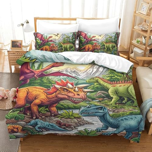 NQHXLRUDC Dinosaur 3D Stampa Set Biancheria Da Letto Microfibra Copripiumino Con Federa Cerniera Nascosta 3 Pezzi Per Bambini E Adulti Single（140x200cm）