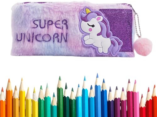 GXGM Einhorn-Federmäppchen, PlüSch Schreibwaren Tasche Flauschig Federmäppchen Weicher Stifthalter Reißverschluss Schreibwarentasche Tragbare Kosmetiktasche(Farbverlauf Lila), 1 Stück