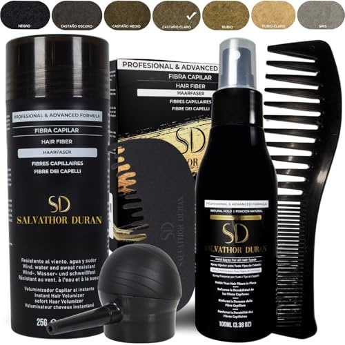 Fibras Capilares Salvathor Duran Kit Premium 25 g - Fibra Capilar + Aplicador + Peine Contorno + Peine de Volumen Pelo + Fijador Fibras Capilares (Castaño Claro)